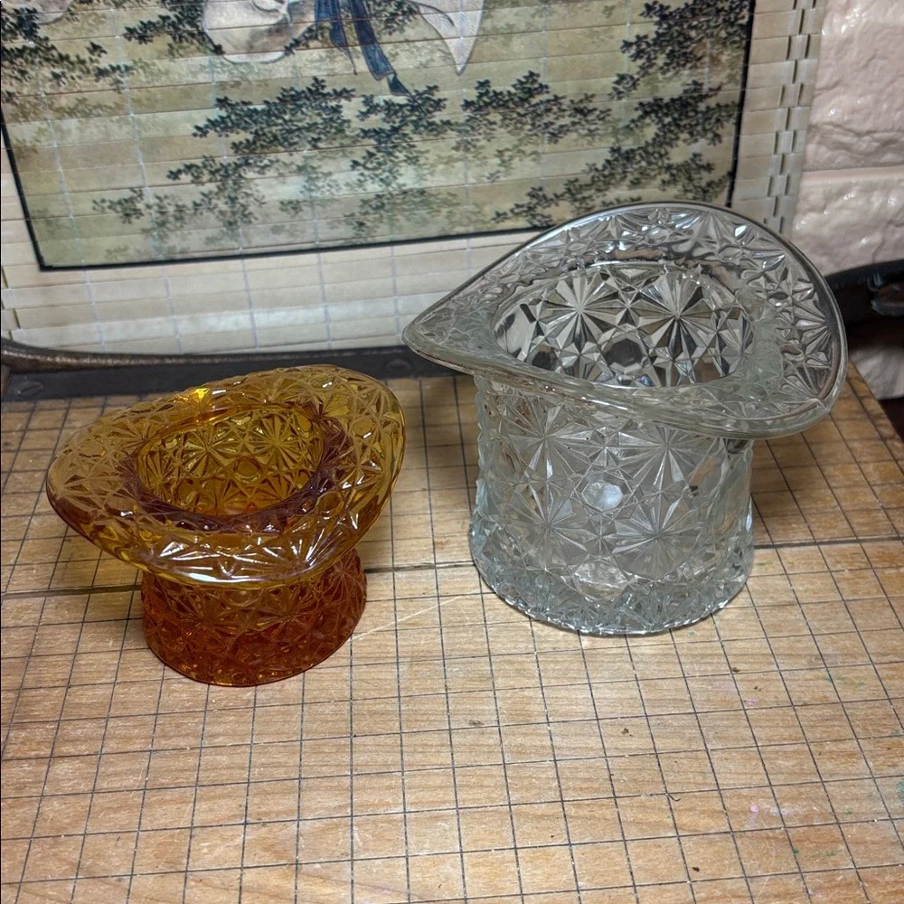 Large Clear and Small Topaz Fenton Hat Daisy Button Glass Vases